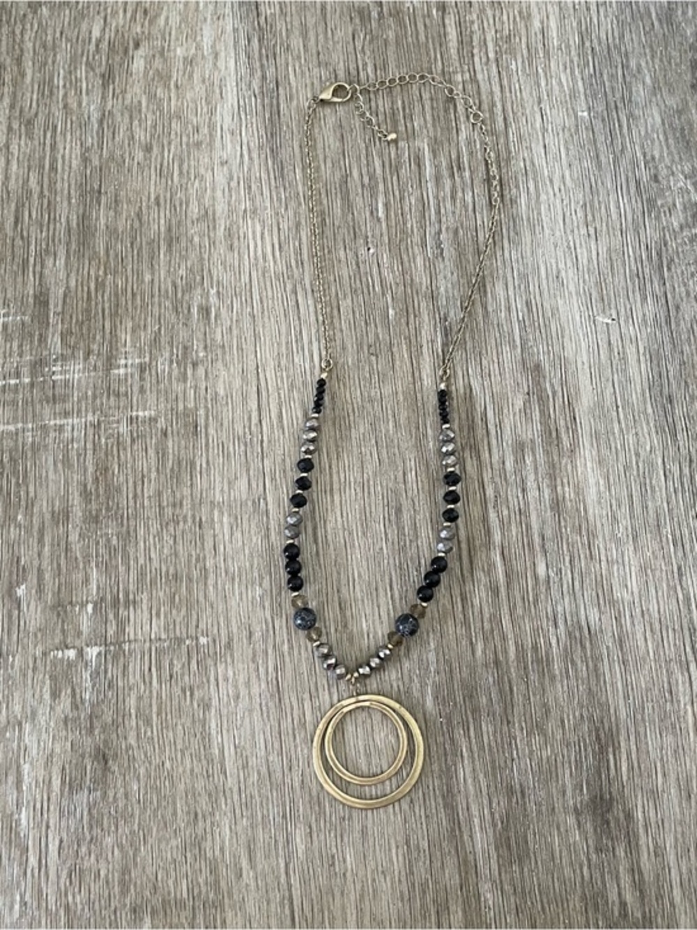 Black & Silver Beaded Statement Necklace Gold Tone Double Circle Pendant